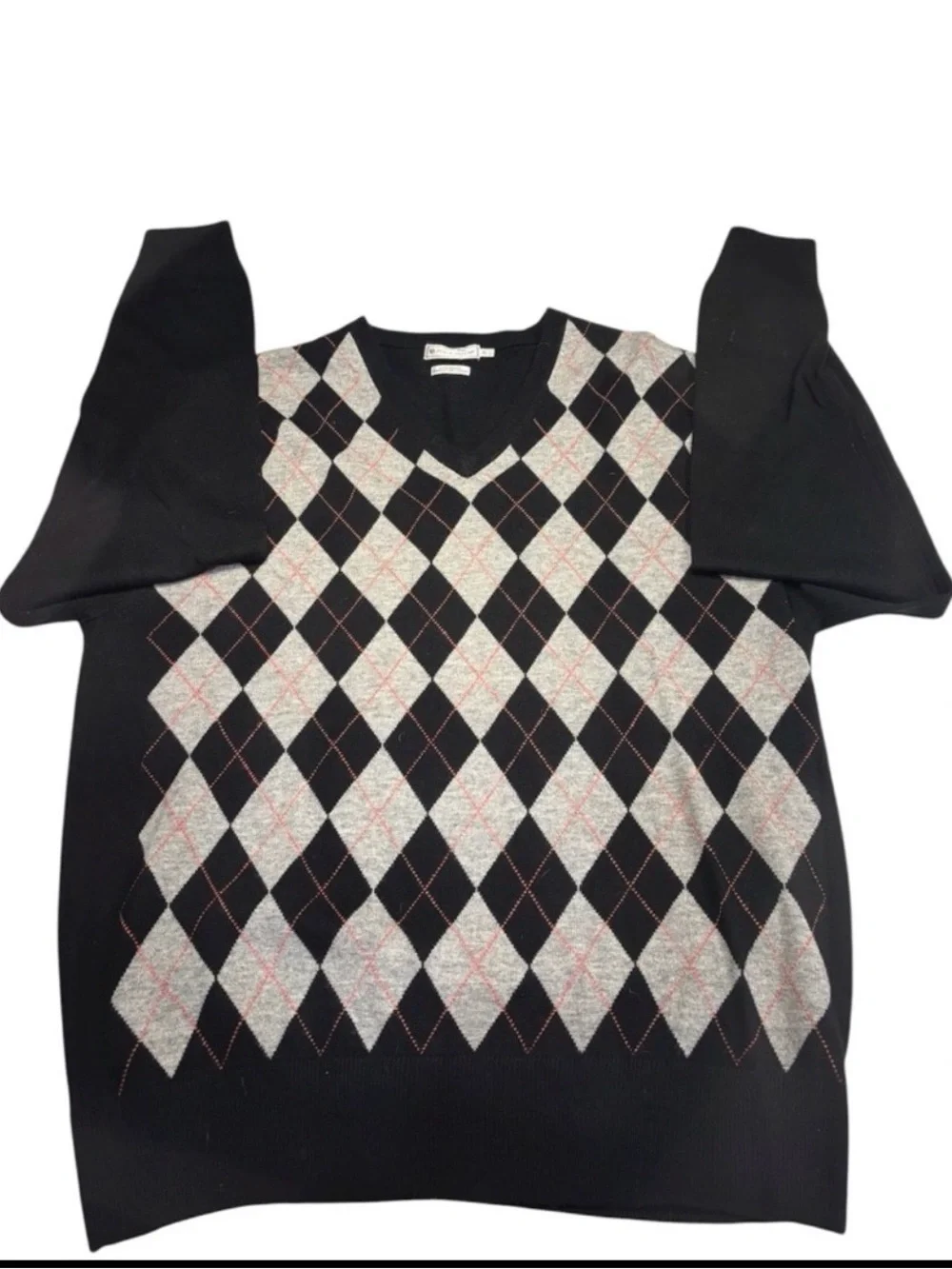 Peter Millar Luxe Blend Wool Cashmere Argyle V-Neck Sweater XL Black Gray Red